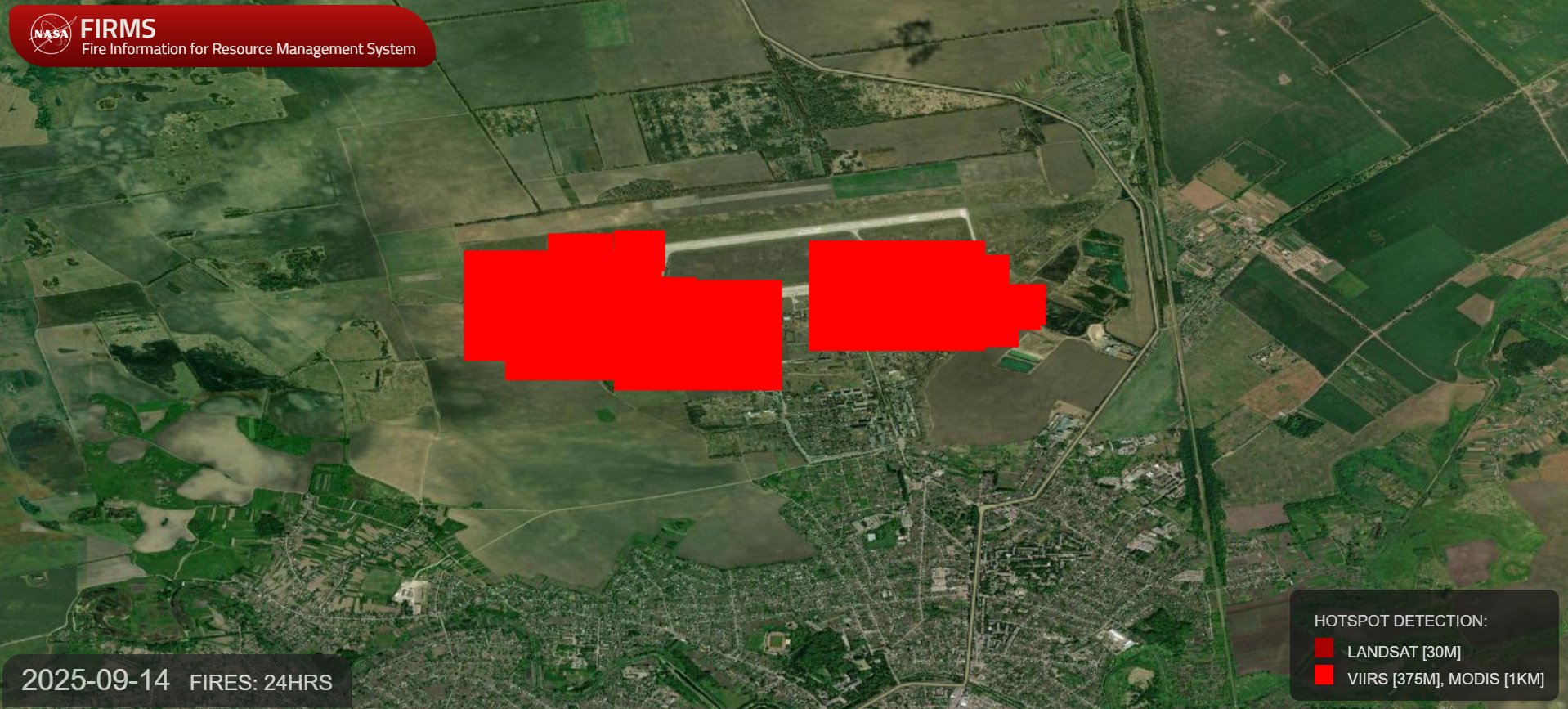 Тепловые сигнатуры сервиса NASA FIRMS на месте аэродрома Нежин в Черниговской области от 14 сентября 2025 года